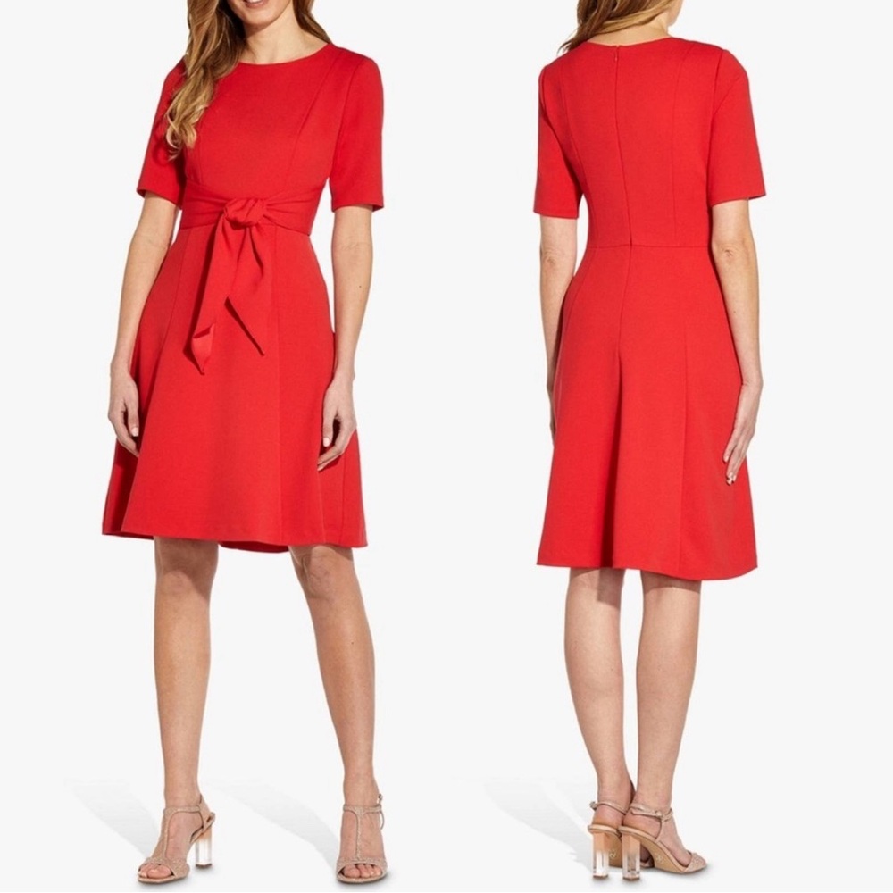 Adrianna Papell Red Short-Sleeve Tie-Waist A-Line Dress